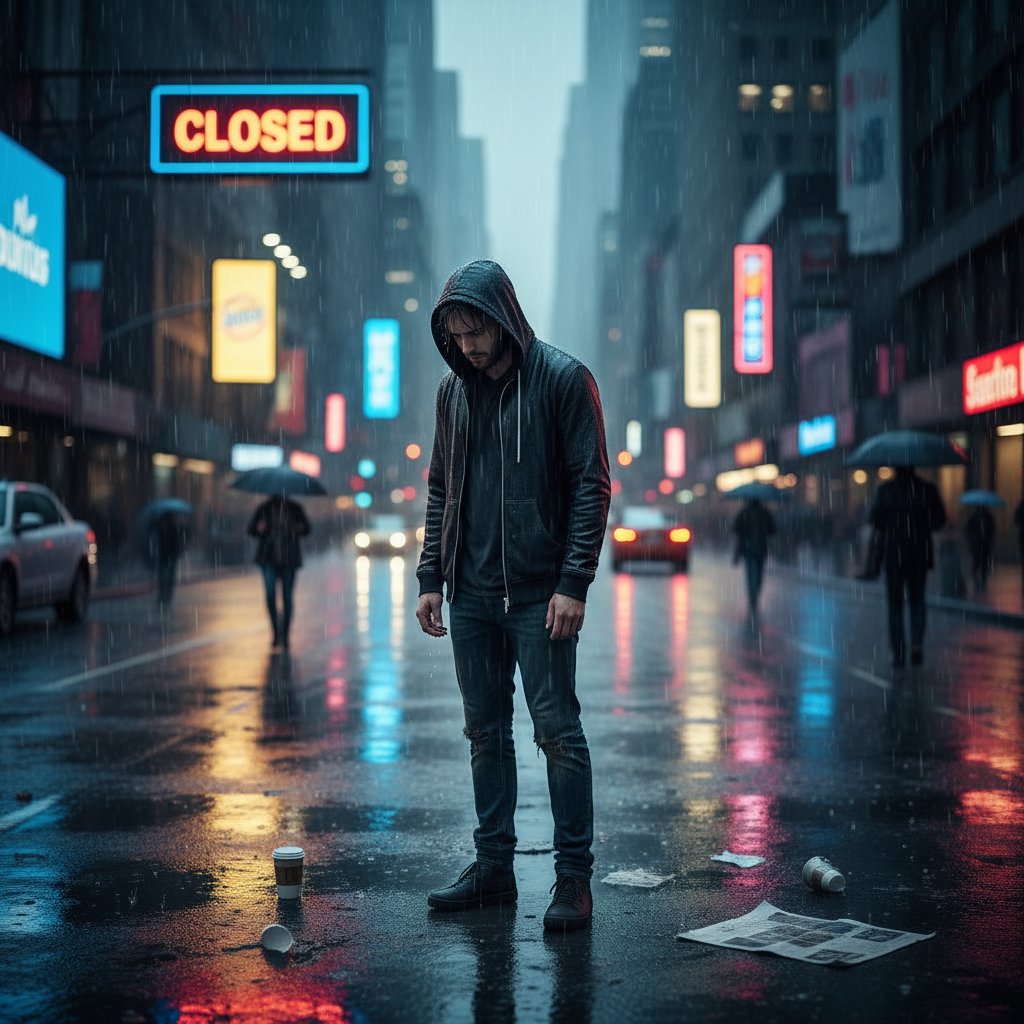 Osoba opierająca się o ścianę w miejskim zaułku, wyraz twarzy zdradzający rozczarowanie, ulice w tle, deszcz, światła miasta