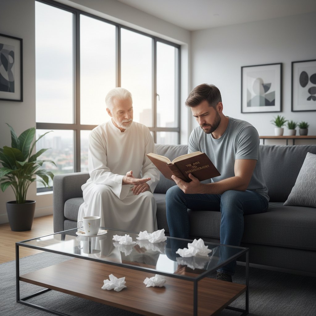 Ernüchterte Person liest spirituellen Ratgeber in moderner Wohnung, umgeben von Technik und Meditationsutensilien