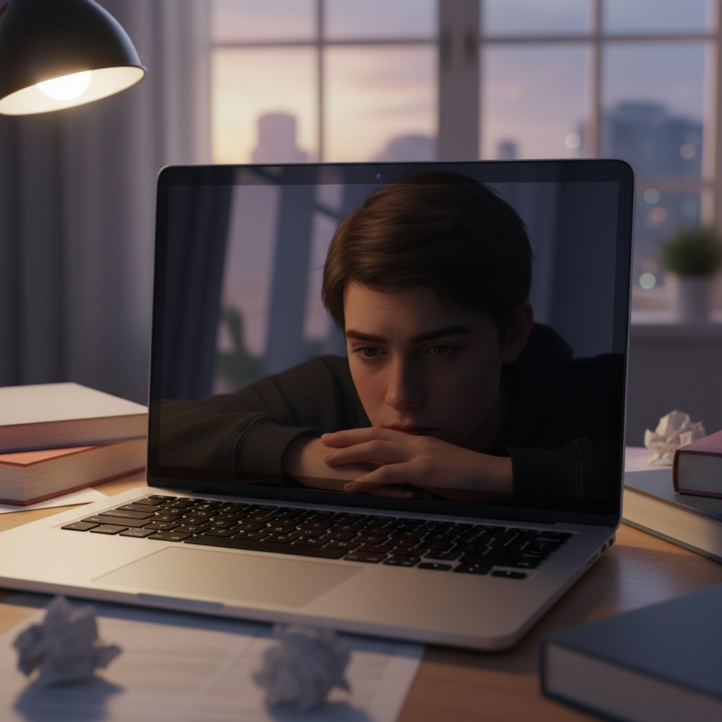 Student rozczarowany wynikami kursu online przy biurku, laptop zamknięty, wyraz zadumy i refleksji, wieczorne światło