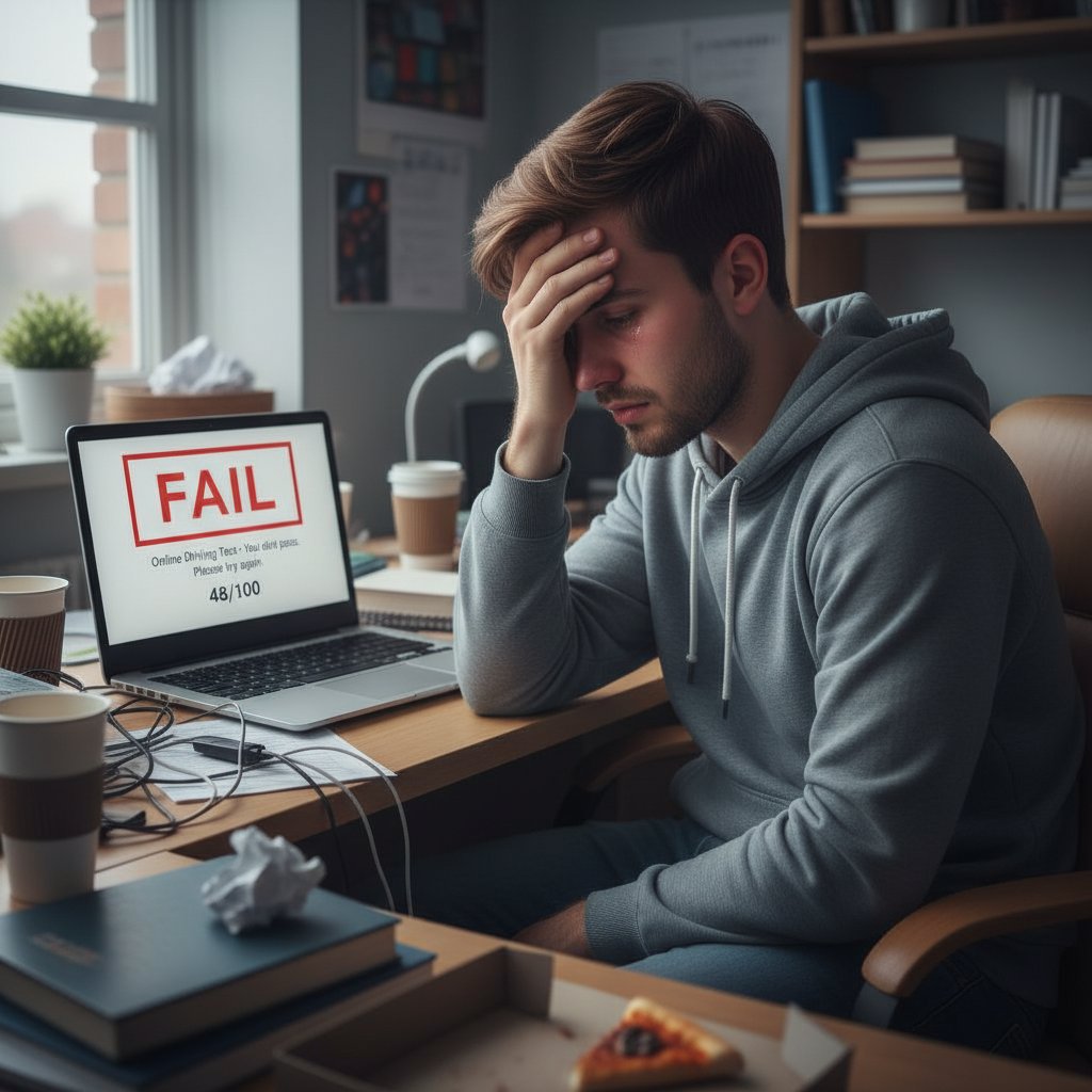 Zrezygnowany młody człowiek po nieudanym egzaminie teoretycznym prawa jazdy online