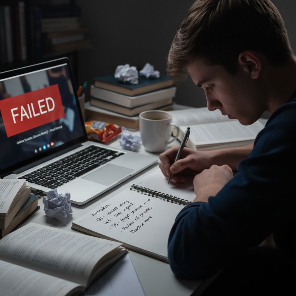 Studentka rozczarowana po nieudanej sesji online, ucząca się na błędach