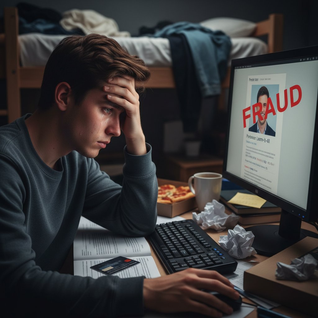 Rozczarowany uczeń przy komputerze – fałszywy korepetytor online, oszustwo, nieprawdziwy profil