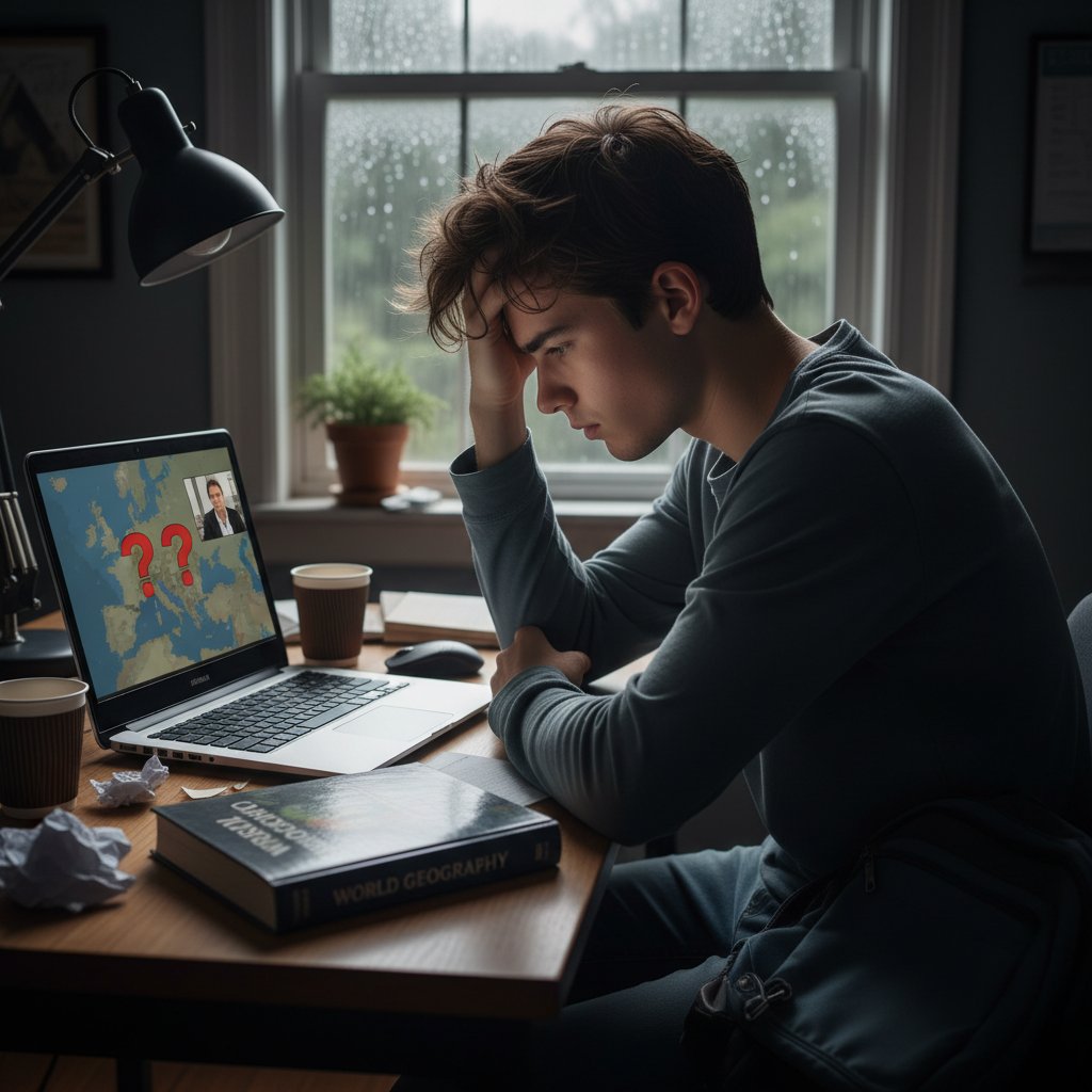 Zawiedziony uczeń patrzący na ekran laptopa po nieudanej lekcji online z geografii, motyw frustracji