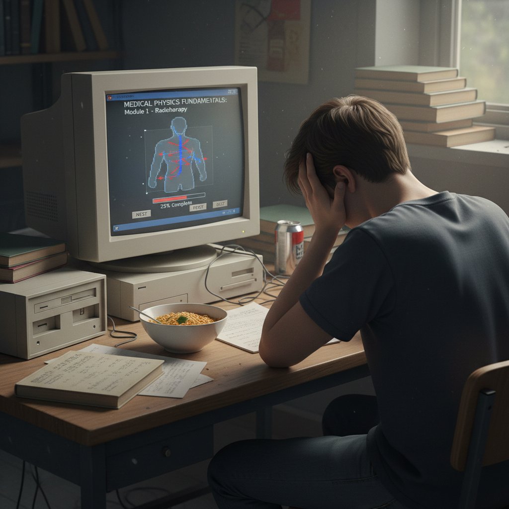 Rozczarowany student fizyki medycznej przy starym komputerze – przestarzałe kursy online