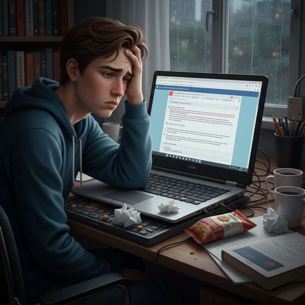 Rozczarowany student patrzący na ekran laptopa po nieudanym kursie rosyjskiego