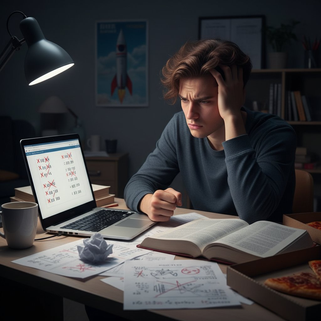 Ilustracja: rozczarowany uczeń przeglądający nieprawidłowe odpowiedzi z platformy online, zadania z fizyki