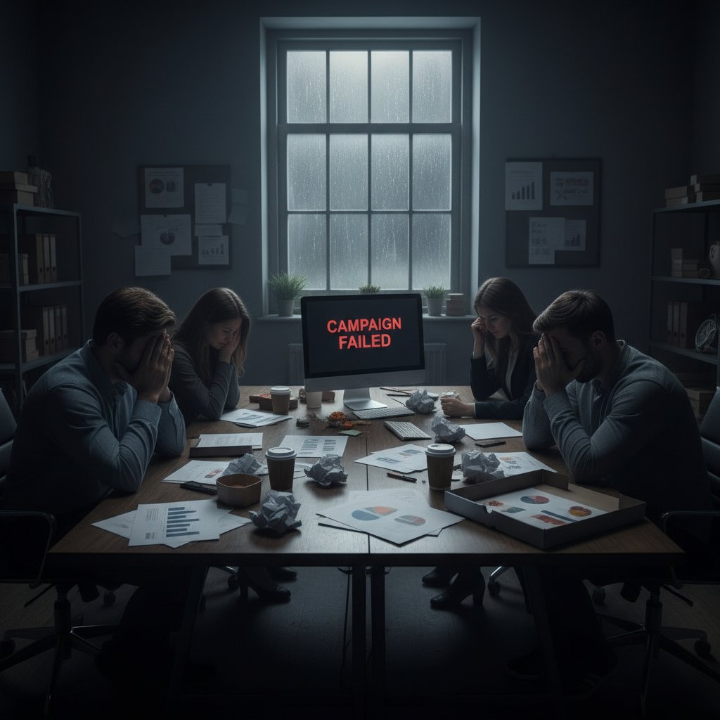 Zespół rozczarowany efektami kampanii, smutne miny, dokumenty rozrzucone na stole, ciemna atmosfera