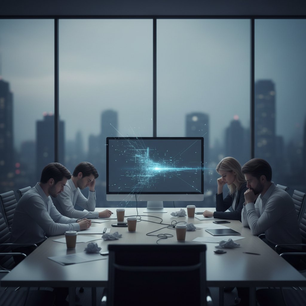Disappointed team in a glass-walled meeting room, AI presence symbolically faded, somber mood, tech assistance failure