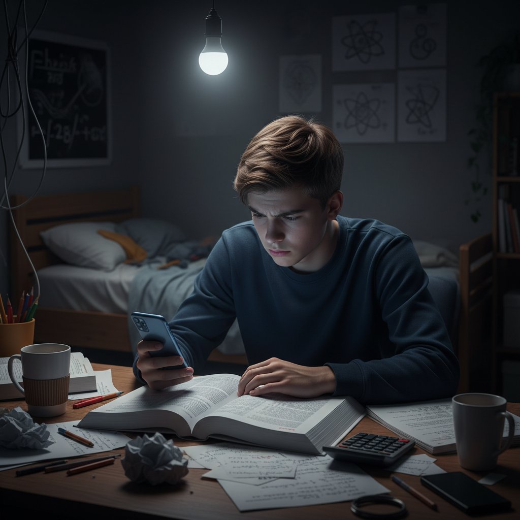 Zniechęcony uczeń po nieudanej lekcji fizyki online