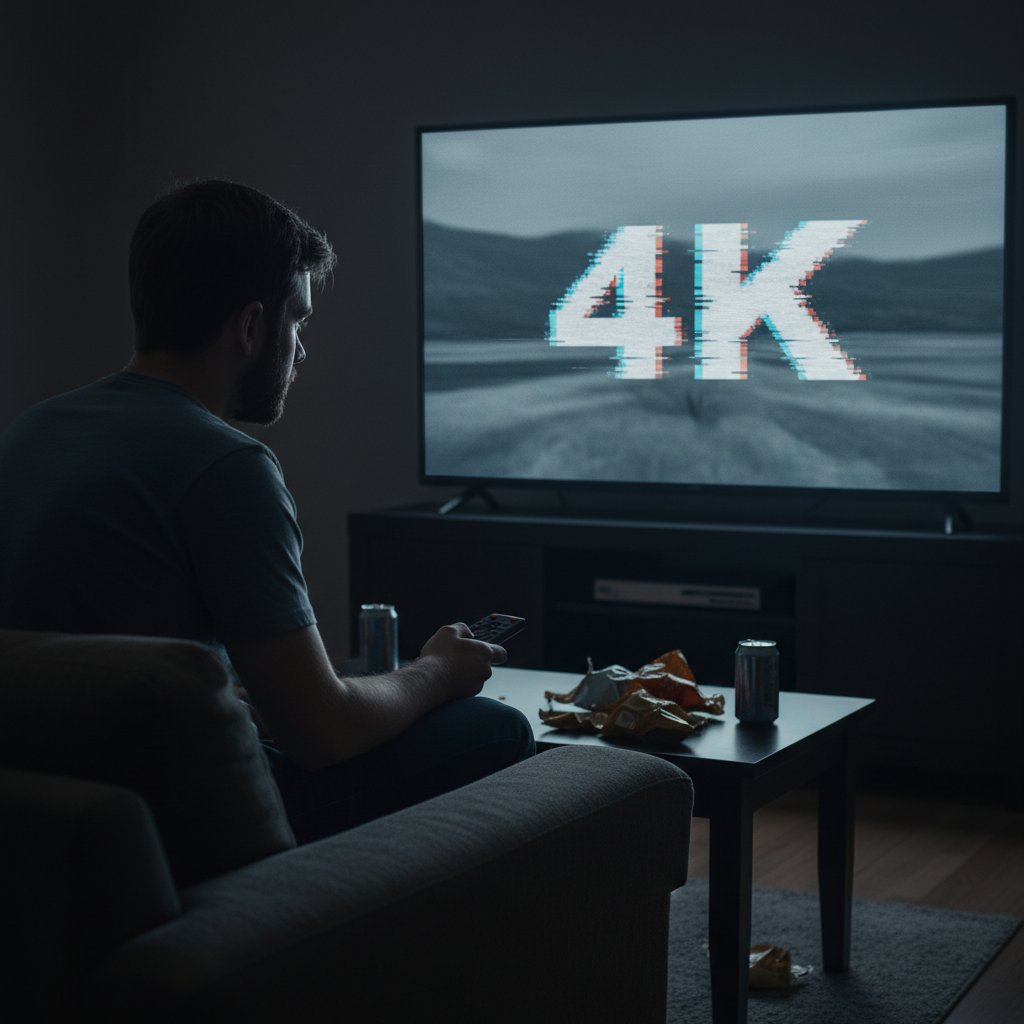Disappointed viewer watching low-quality fake 4K movies in urban apartment
