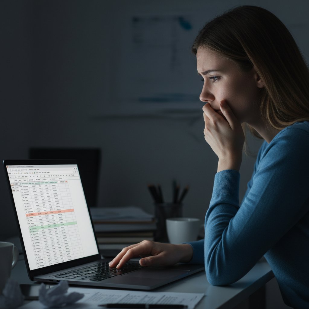 Młoda kobieta z laptopem, rozczarowana nauką Excela online, ciemne tło, wyraz frustracji