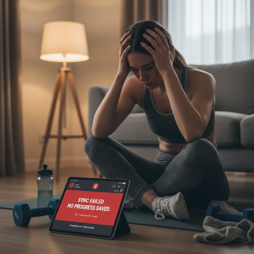 Kobieta rozczarowana nieudanym treningiem z aplikacją, w tle ekran z komunikatem błędu