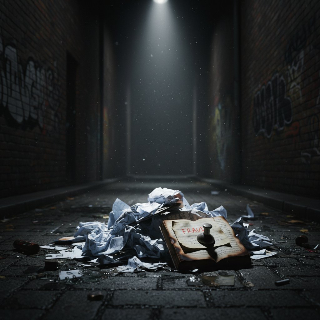 Discarded financial documents in a dark alley under a spotlight, representing financial report fraud unearthed