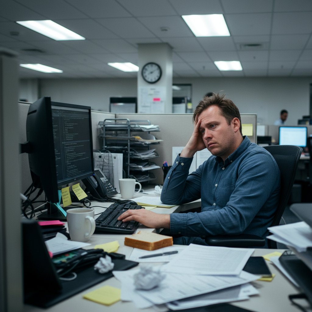 Zrezygnowany pracownik patrzący w monitor, zmęczony, zdezorientowany