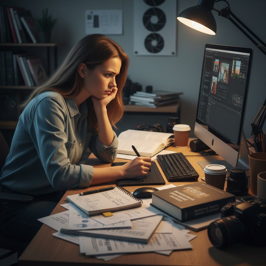 Osoba patrzy zniechęcona na ekran komputera podczas lekcji fotografii online, porozrzucane notatki