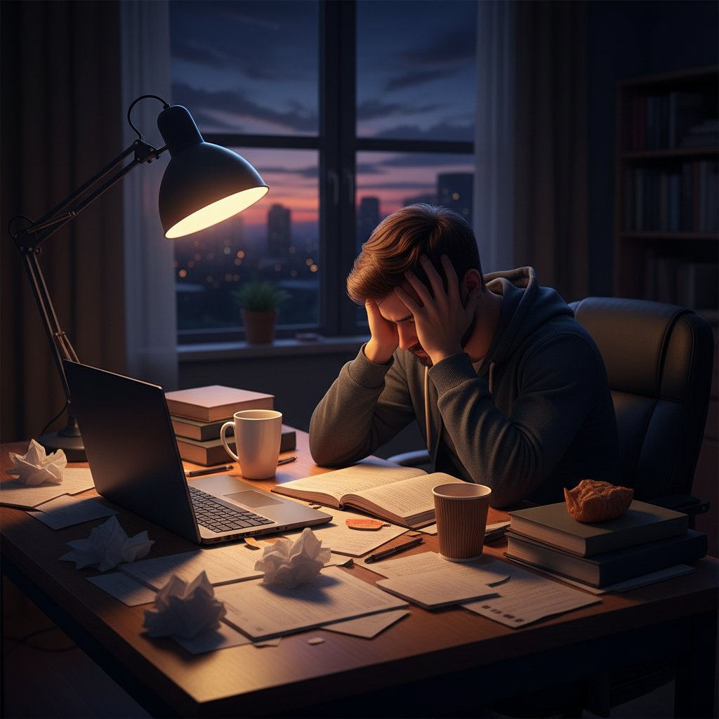 Osoba wyraźnie zniechęcona siedząca nad notatkami, kawa i zamknięty laptop, wieczór, przyciemnione światło