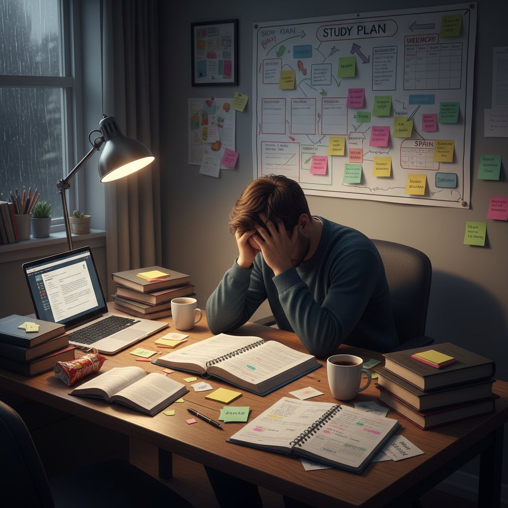 Osoba zniechęcona, patrząca na plan nauki rozłożony na stole