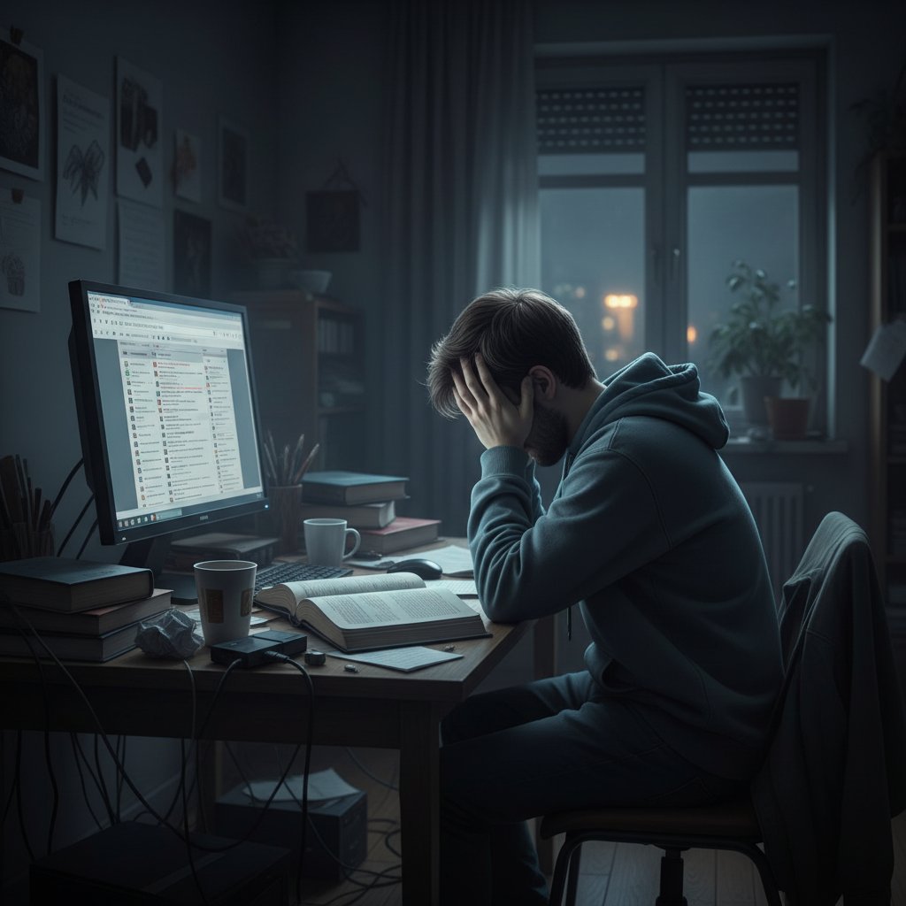 Zrezygnowany uczeń patrzący na ekran w ciemnym pokoju, otwarte zakładki w przeglądarce