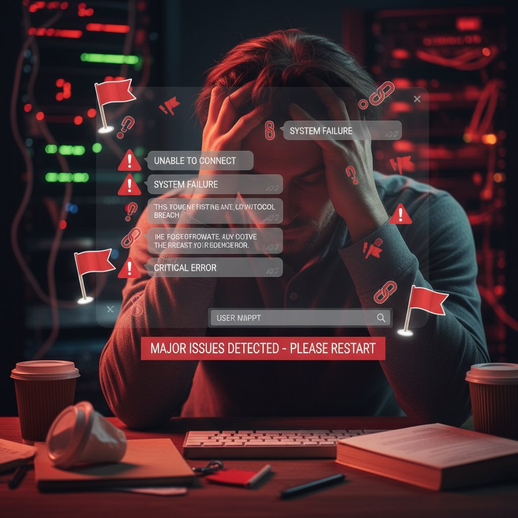 Użytkownik zniechęcony, widząc czerwone alerty na ekranie podczas rozmowy z chatbotem – czerwone flagi