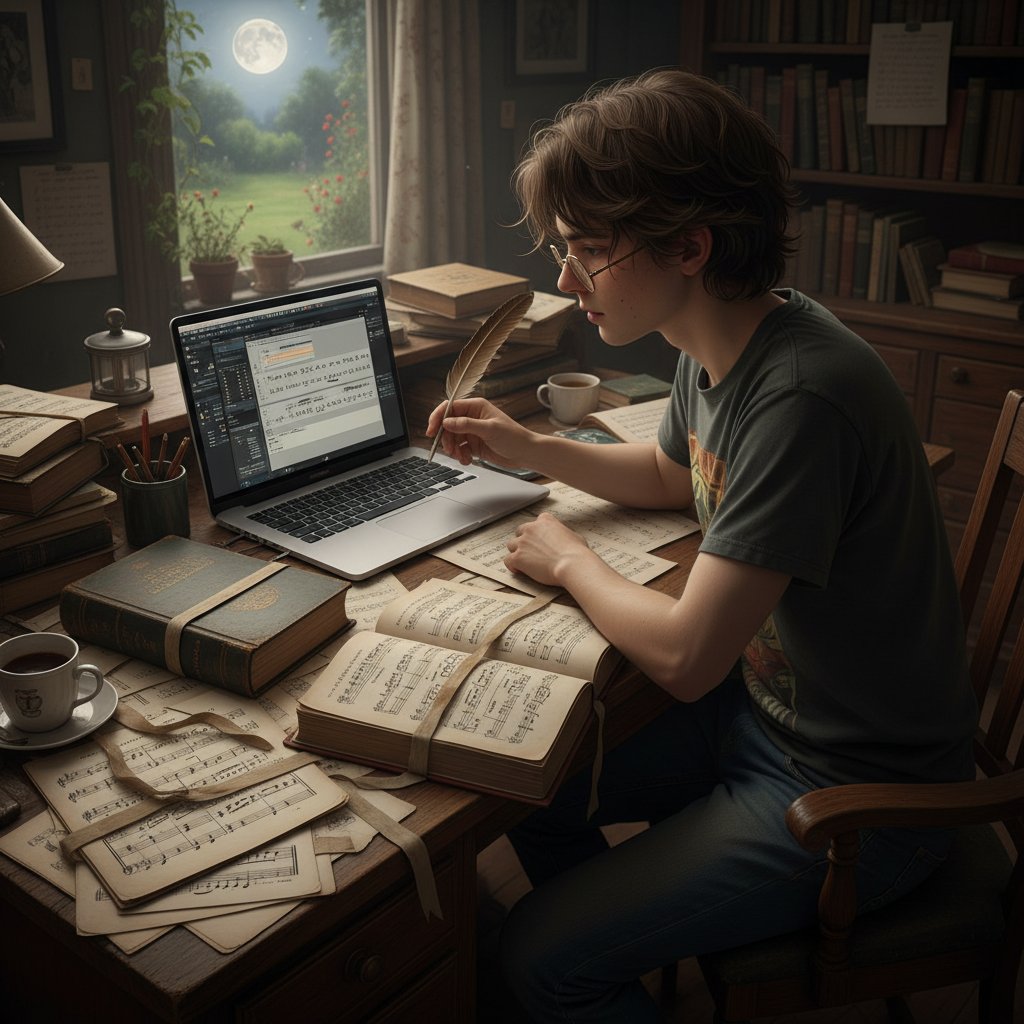 Odkrywanie mniej znanych kompozytorów, młoda osoba przegląda archiwalne nuty online