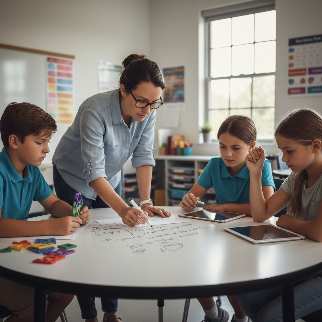Grupa uczniów odkrywających zasady matematyczne podczas eksperymentu, zaintrygowani, nauczyciel obserwuje