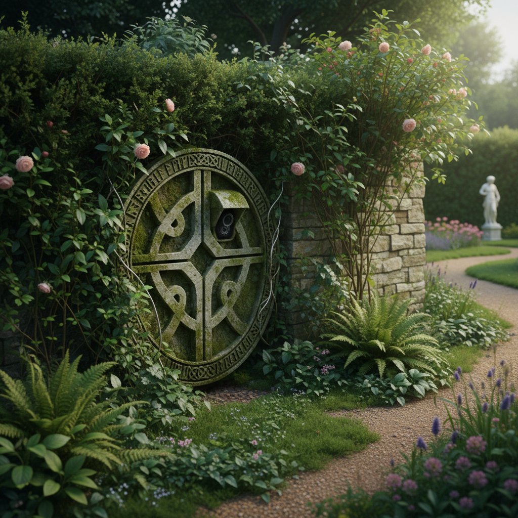 Dyskretna kamera wśród zieleni, granica między dwiema posesjami, symboliczna bariera