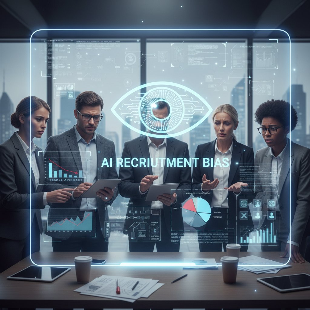 Grupa osób zdezorientowanych po odrzuceniu przez system AI, słowa kluczowe: dyskryminacja, rekrutacja, etyka AI