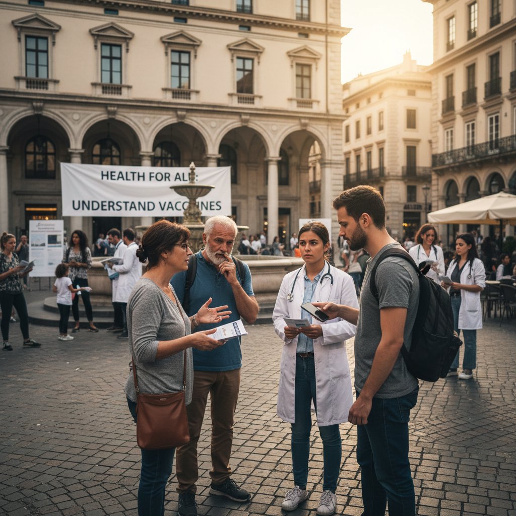 Grupa ludzi dyskutujących o szczepionkach w przestrzeni publicznej