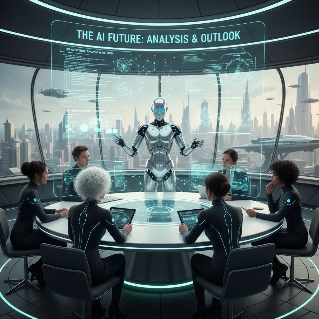 Zamknięta grupa dyskusyjna ludzi zasiadających wokół stołu, obok nich humanoidalny robot, wspólna analiza rozwoju AI