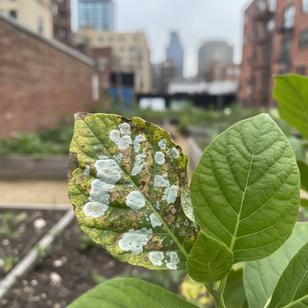 Liść rośliny z objawami mączniaka prawdziwego i zdrowe liście w tle, dramatyczne światło, ogród miejski