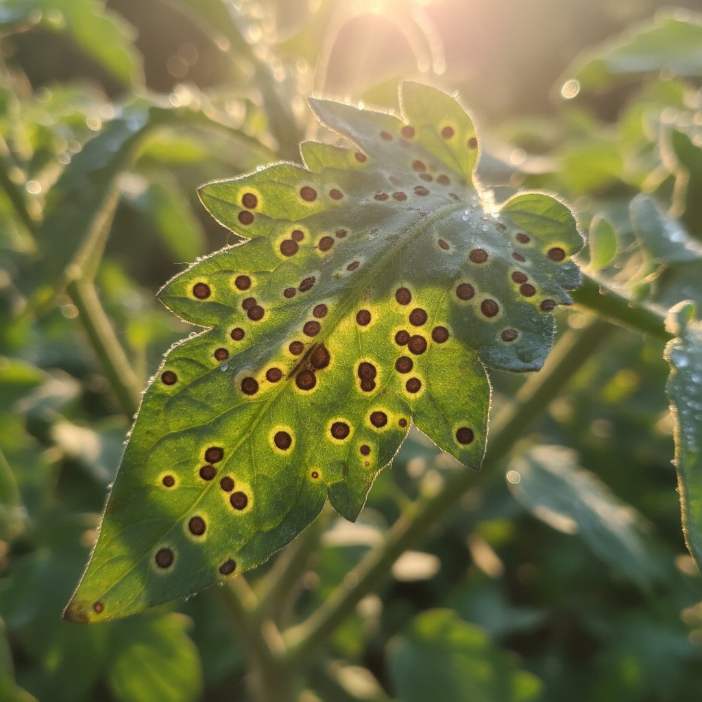 Chora liść pomidora z wczesnymi objawami grzybowymi w słońcu
