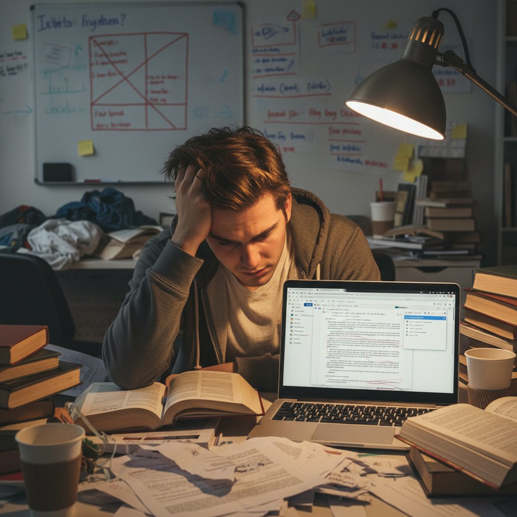 Disheveled student overwhelmed by piles of drafts and red-marked dissertation papers, reflecting citation disaster