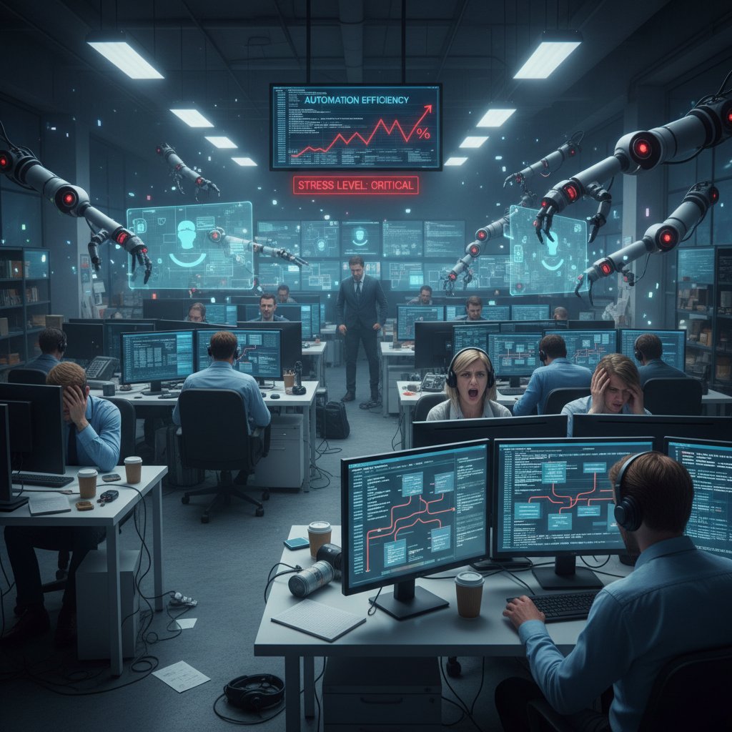 Disillusioned support agents facing a wall of monitors, tension visible, high-contrast lighting, automation stress in support workflows
