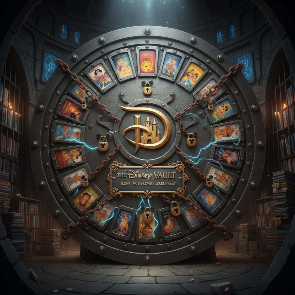 Pop-art style depiction of iconic Disney covers under lock and key, Disney vault strategy