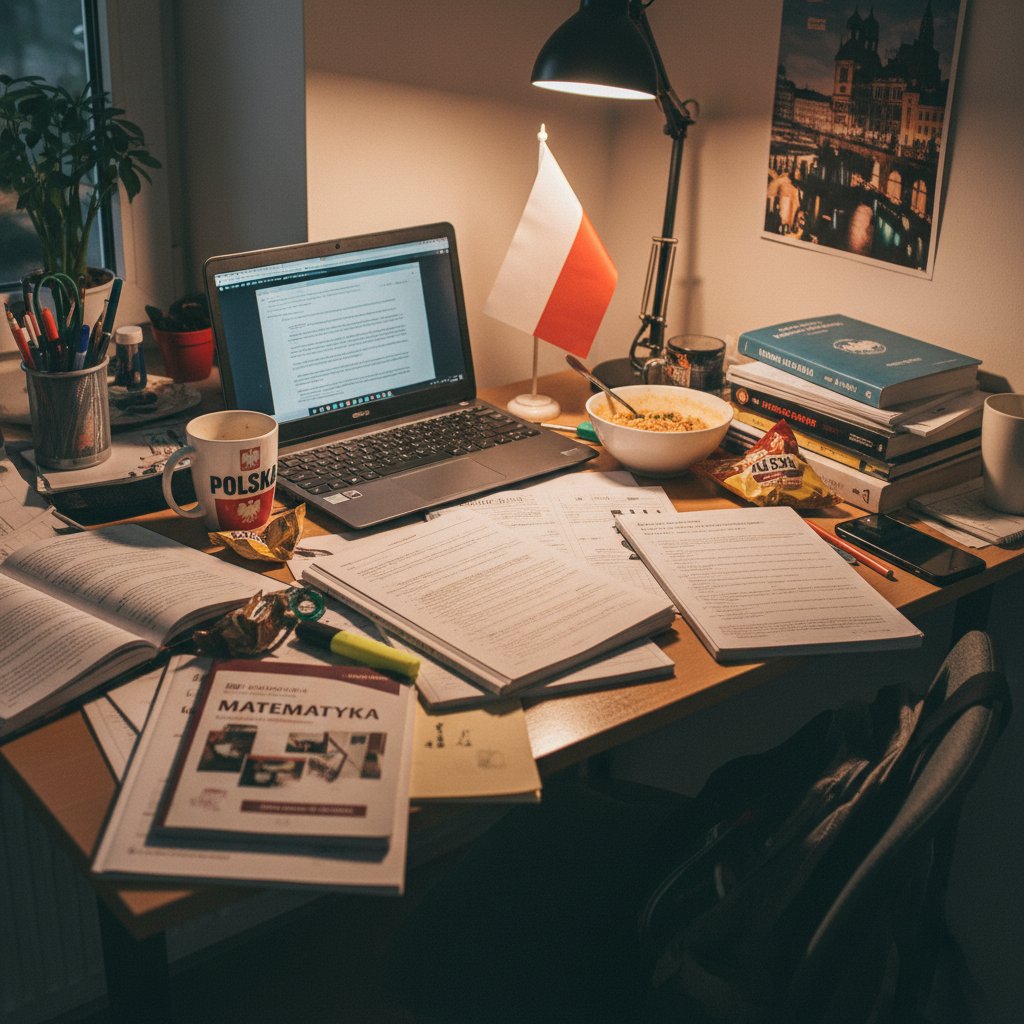 Stos nieuporządkowanych zeszytów i kartek na biurku ucznia