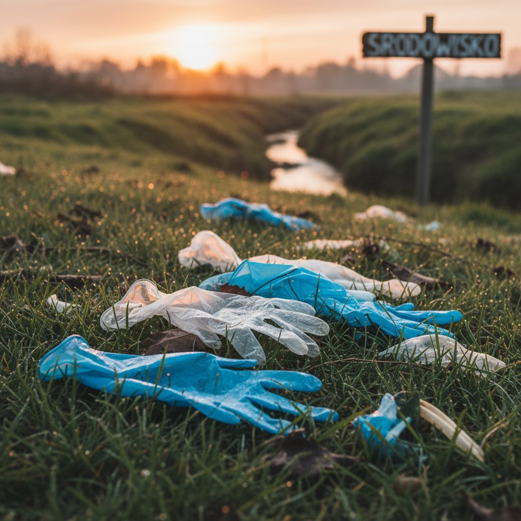 Porzucone rękawiczki jednorazowe na trawie, mikroplastik, ekologia, Polska