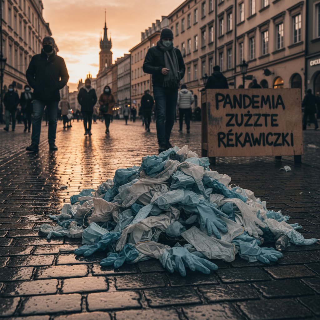 Stos zużytych rękawiczek jednorazowych na tle miejskiej ulicy, pandemia COVID-19, Polska
