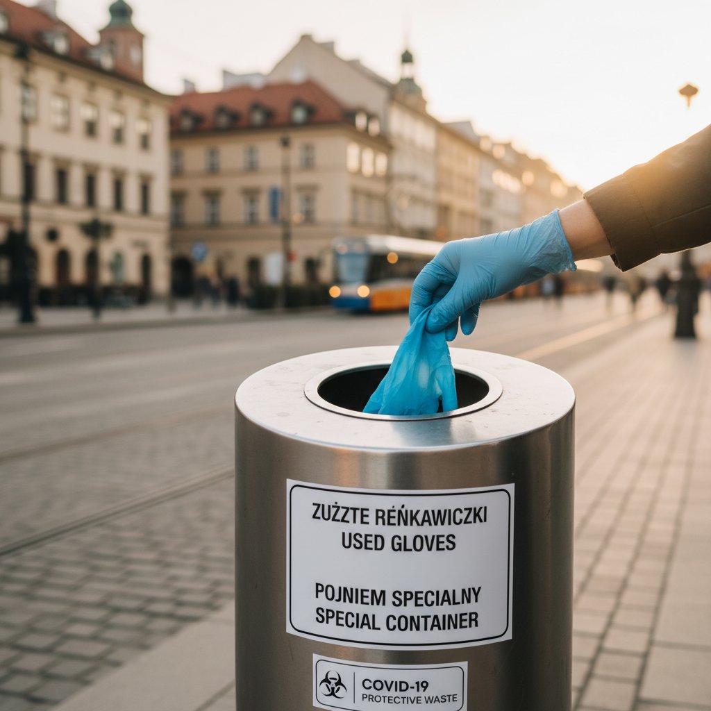 Osoba wyrzucająca zużyte rękawiczki do odpowiedniego pojemnika na śmieci, miasto, Polska