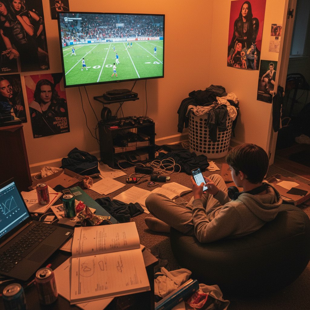 Nastolatek rozproszony podczas nauki matematyki online, telefon, TV, chaos w pokoju