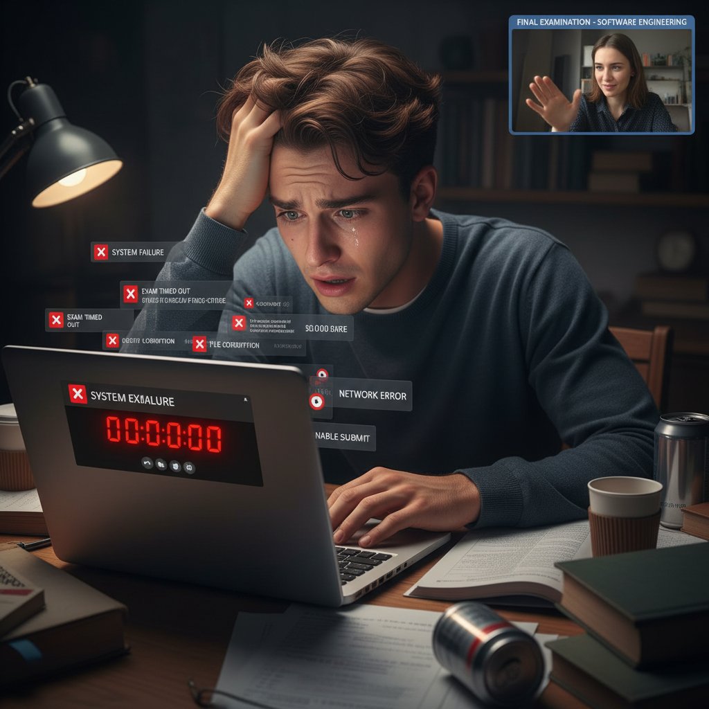 Zestresowany student na wideorozmowie z supportem, komunikaty o błędach na ekranie podczas egzaminu
