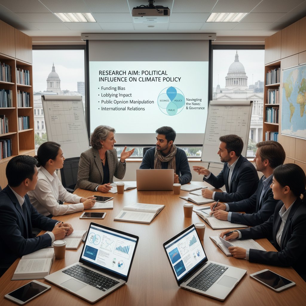 Group of diverse academics in lively discussion on research aim-setting politics