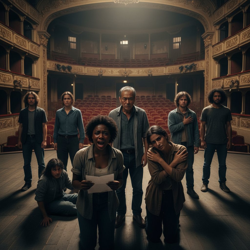 Cinematic photo: Close-up of diverse actors’ faces, all showing raw emotion, in a high-contrast movie setting