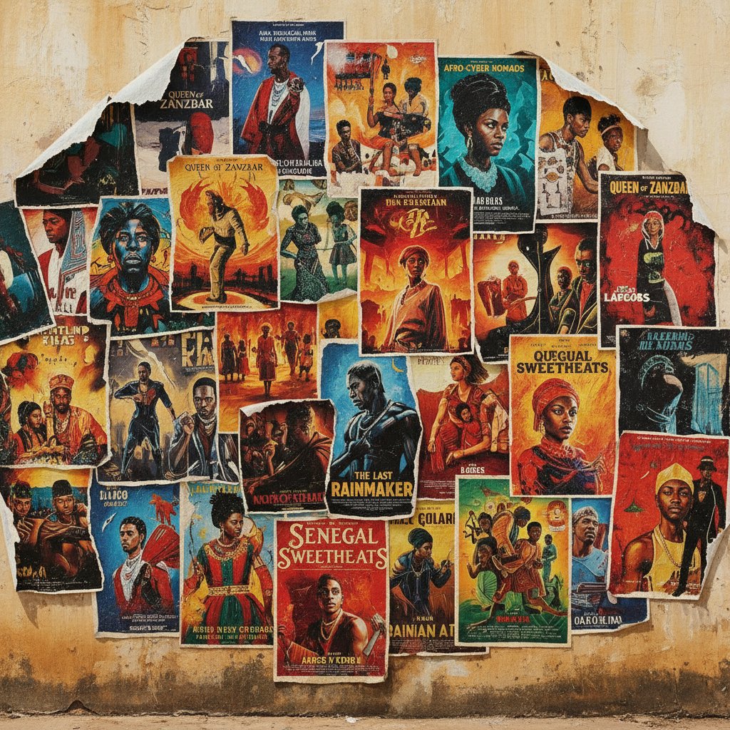 Diverse African movie posters, collage, colorful, eclectic, movie diversity