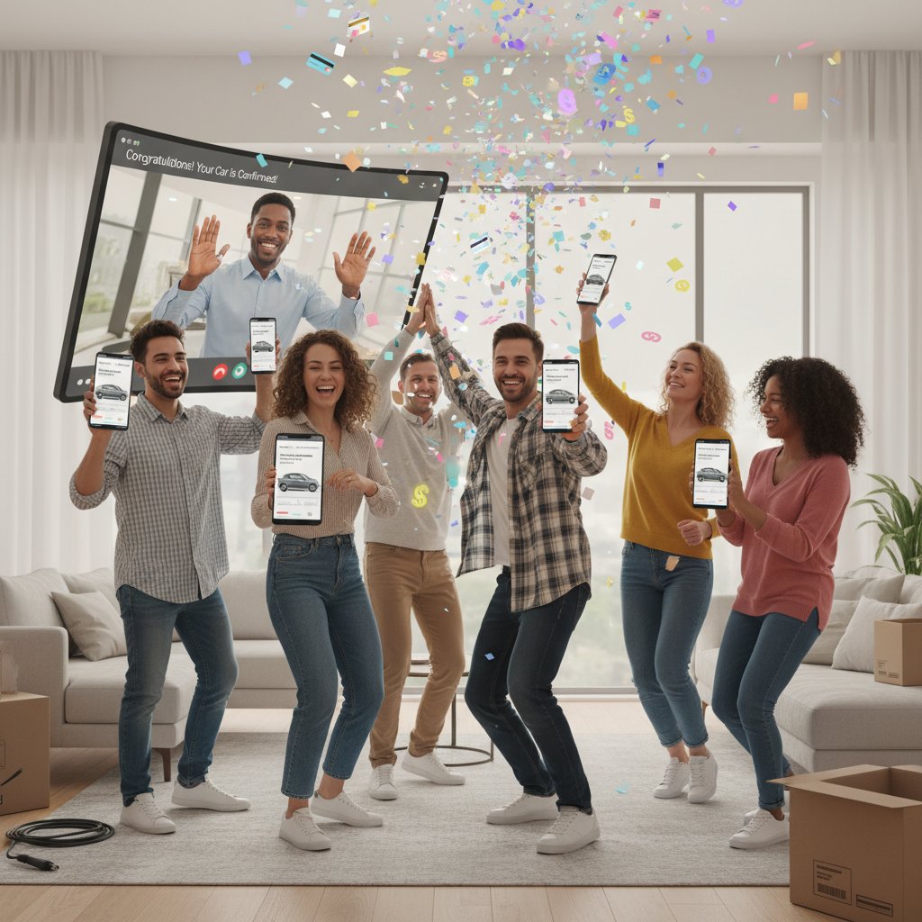 Collage of diverse Americans celebrating their first remote car purchase with digital confetti overlays