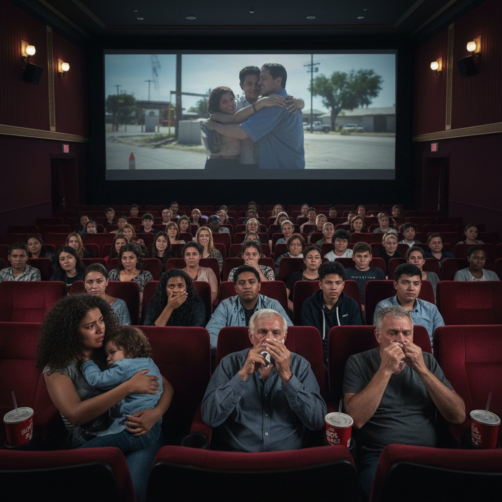 Diverse audience engrossed in an immigration movie, cinematic ambiance with emotional reactions in a darkened theater