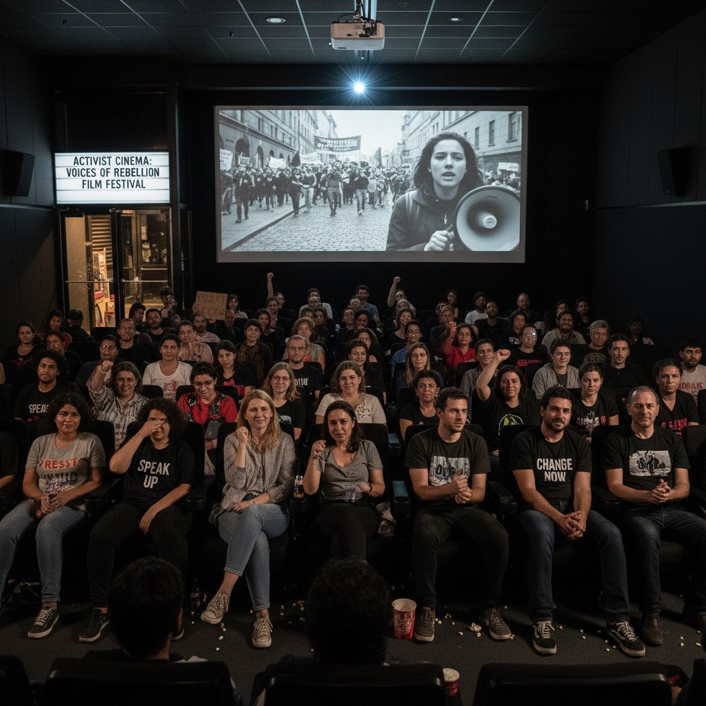Diverse audience watching protest film in cinema, protest movies, activist cinema, civil rights movies