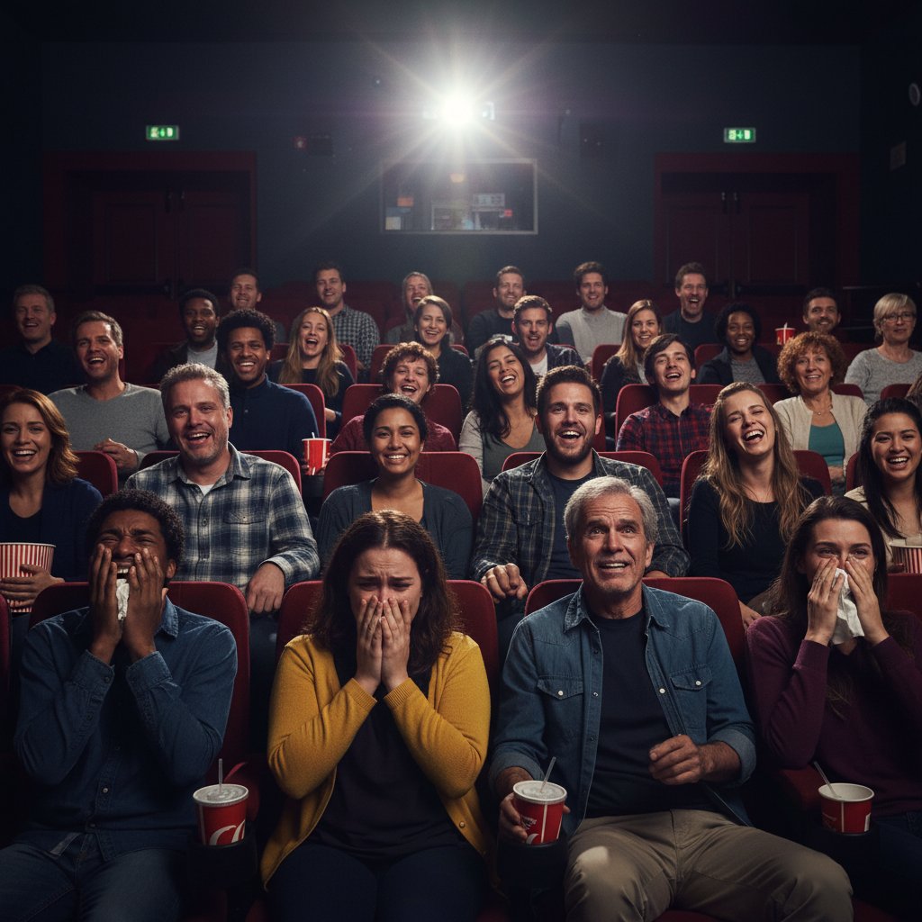 Diverse crowd sharing emotional reactions at a cinema screening, public spectacle in movie theater technology