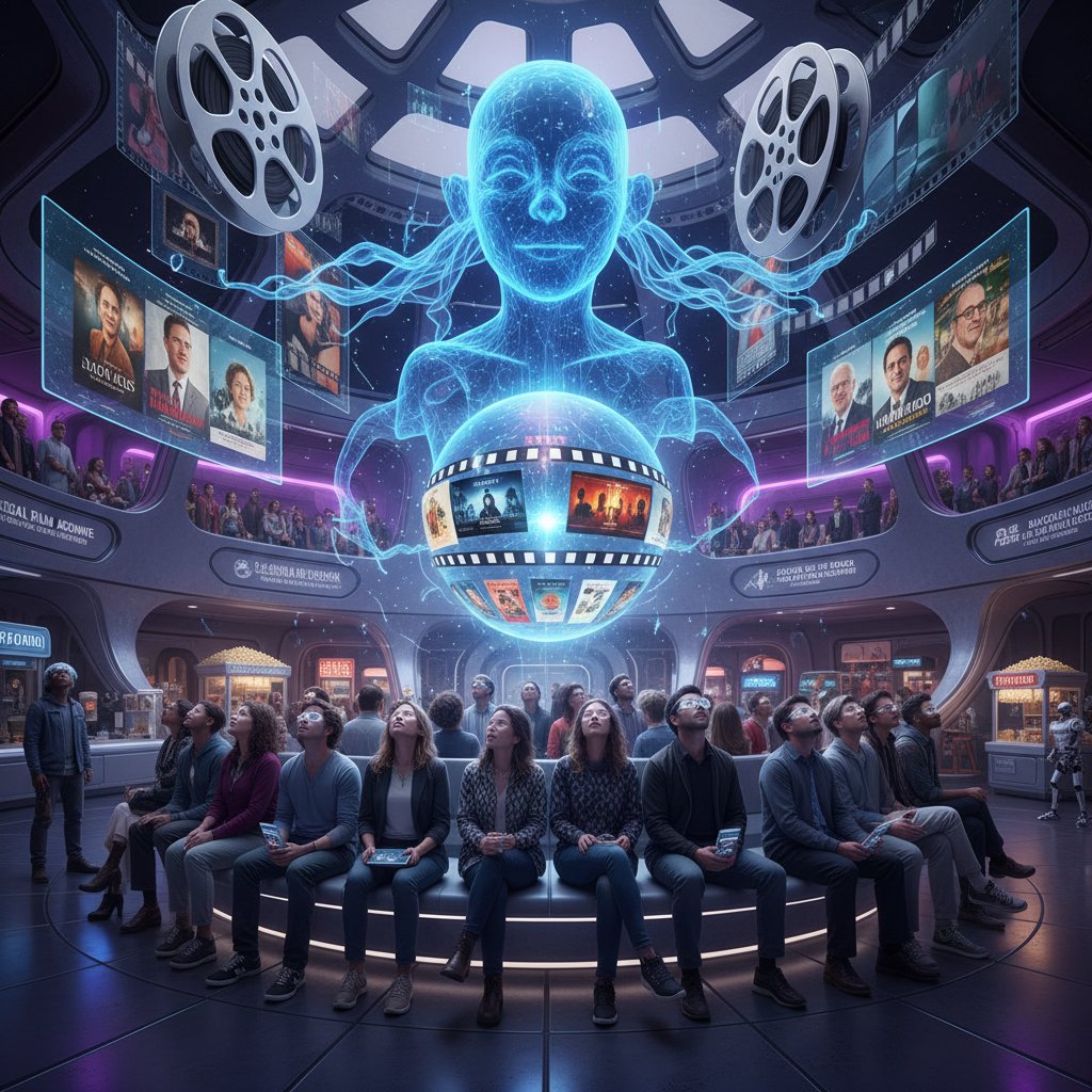 Diverse audience enjoying a curated selection of films guided by a holographic AI in a cinema