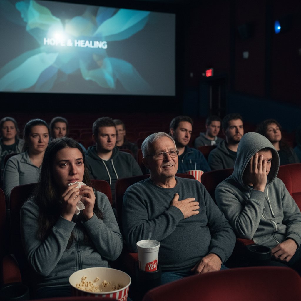 Candid photo of diverse audience reacting emotionally during a film screening about mental health
