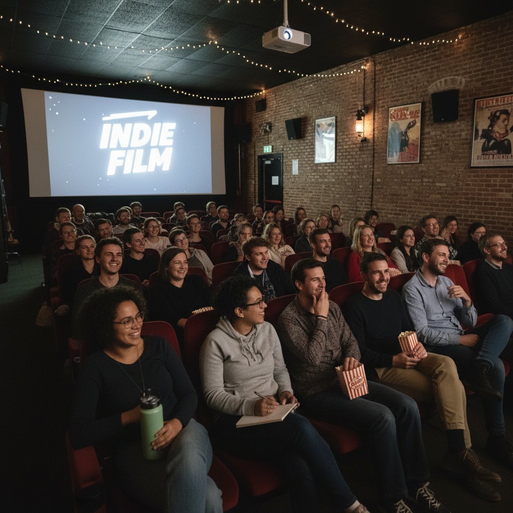 Diverse audience at indie film screening, reacting to a black-and-white film